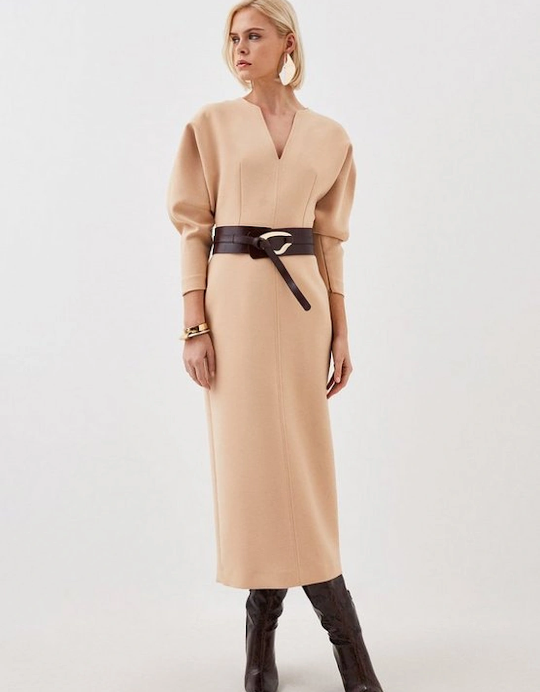 Clean Tailored Seam Detail Rounded Sleeve Midi Dress