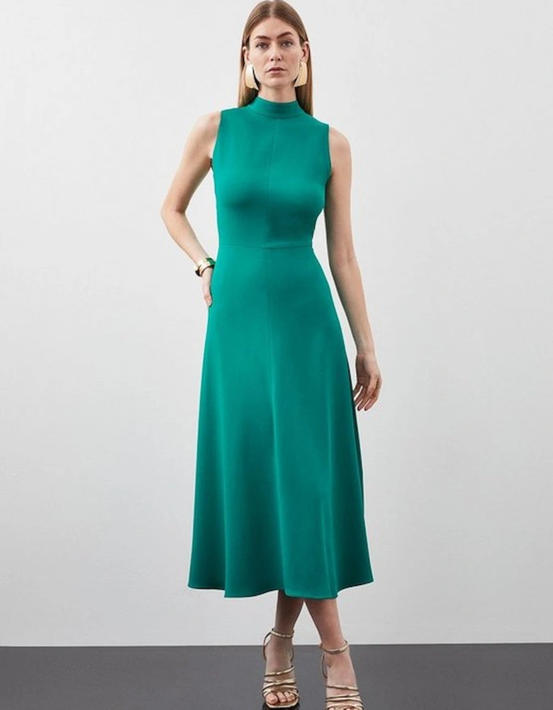 Compact Stretch Viscose Tailored High Neck Tie Detail Midi Dress