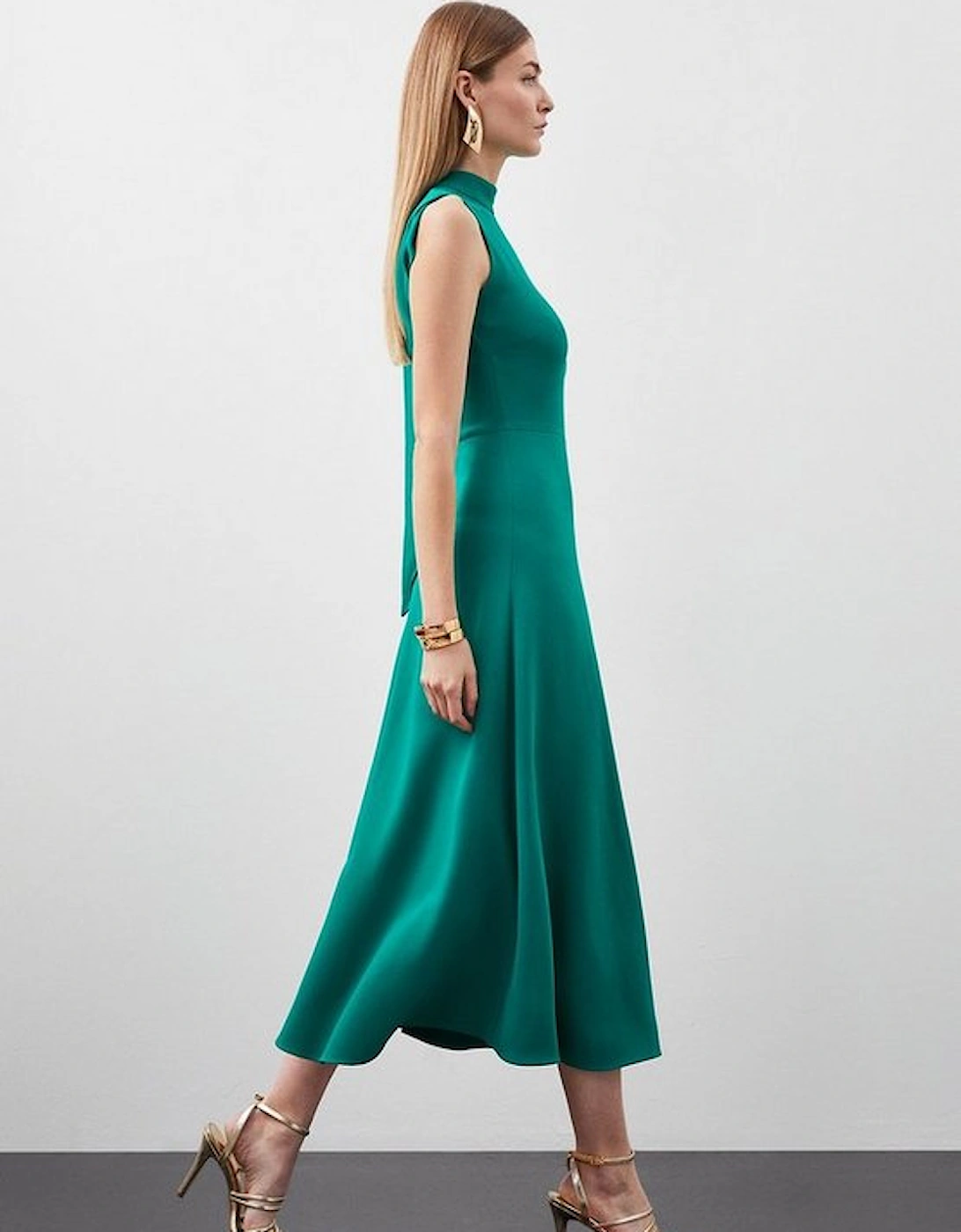 Compact Stretch Viscose Tailored High Neck Tie Detail Midi Dress