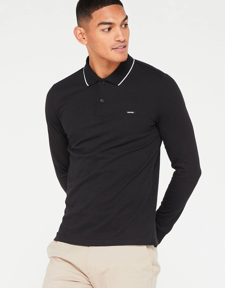 Stretch Pique Tipping Long Sleeve Polo Shirt - Black