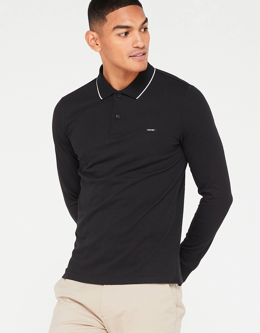 Stretch Pique Tipping Long Sleeve Polo Shirt - Black, 3 of 2