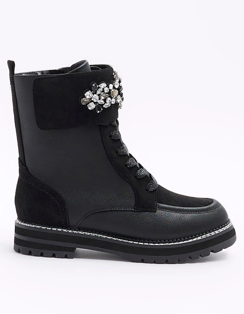 Embellished Cuff Lace Up Boot - Black