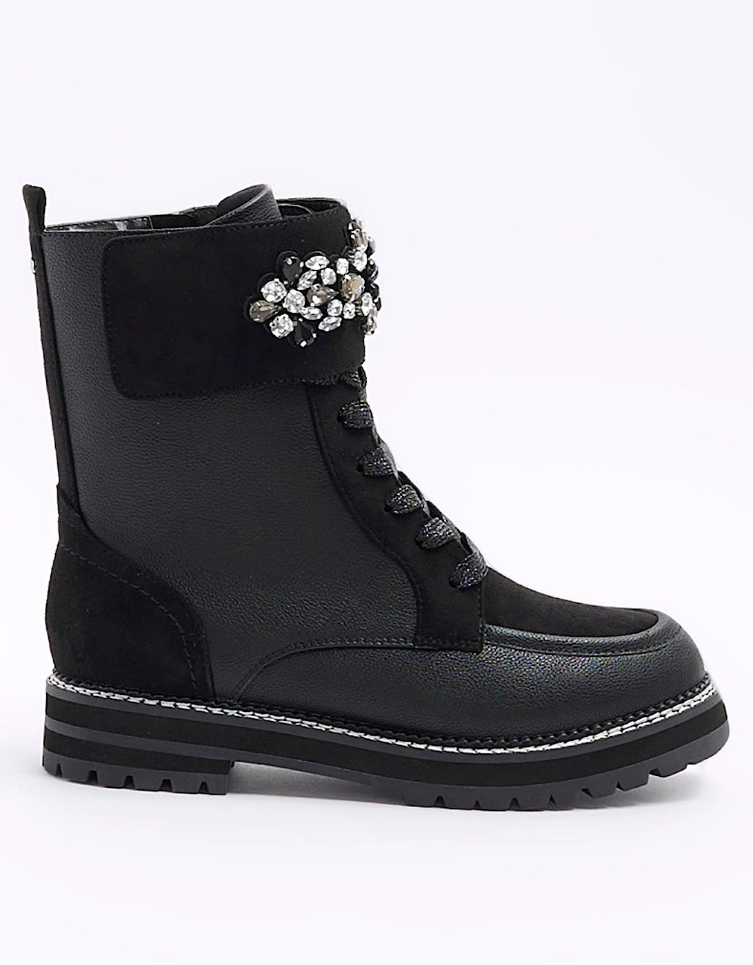 Embellished Cuff Lace Up Boot - Black, 5 of 4