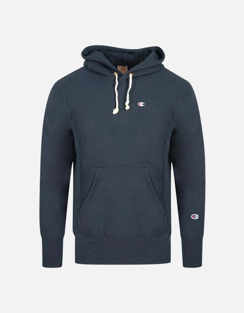 Reverse Weave Small Classic Logo Navy Blue Hoodie