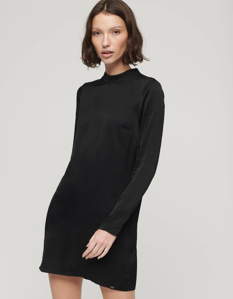 Satin Mock Neck Mini Dress - Black