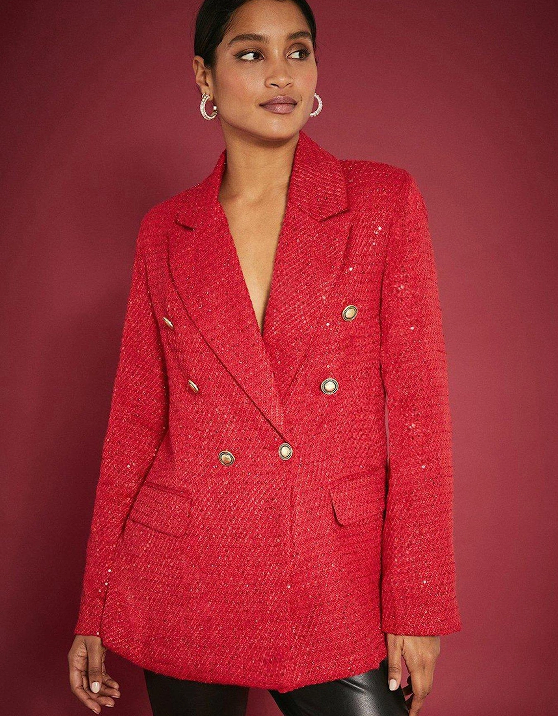 Sequin Boucle Blazer - Red, 3 of 2