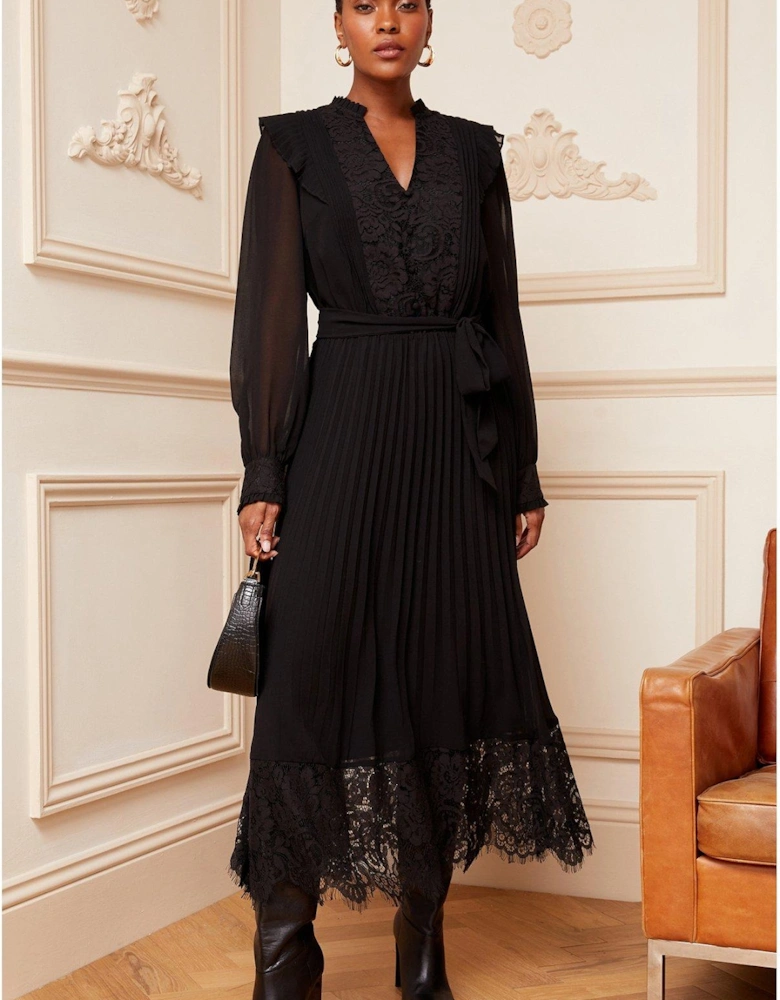 Lace Ruffle Detail Midi Dress - Black
