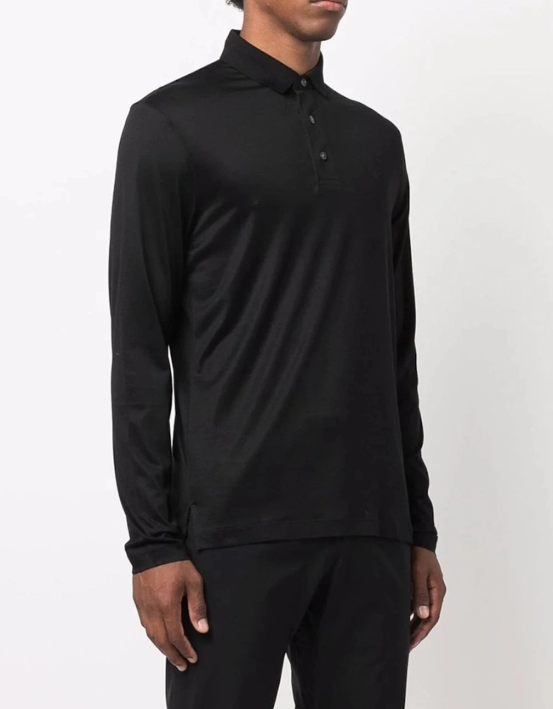 Stretch Cotton Long Sleeved Polo Shirt Black