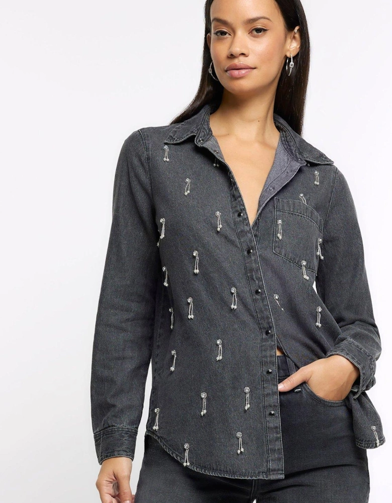 Embellished Denim Shirt - Grey