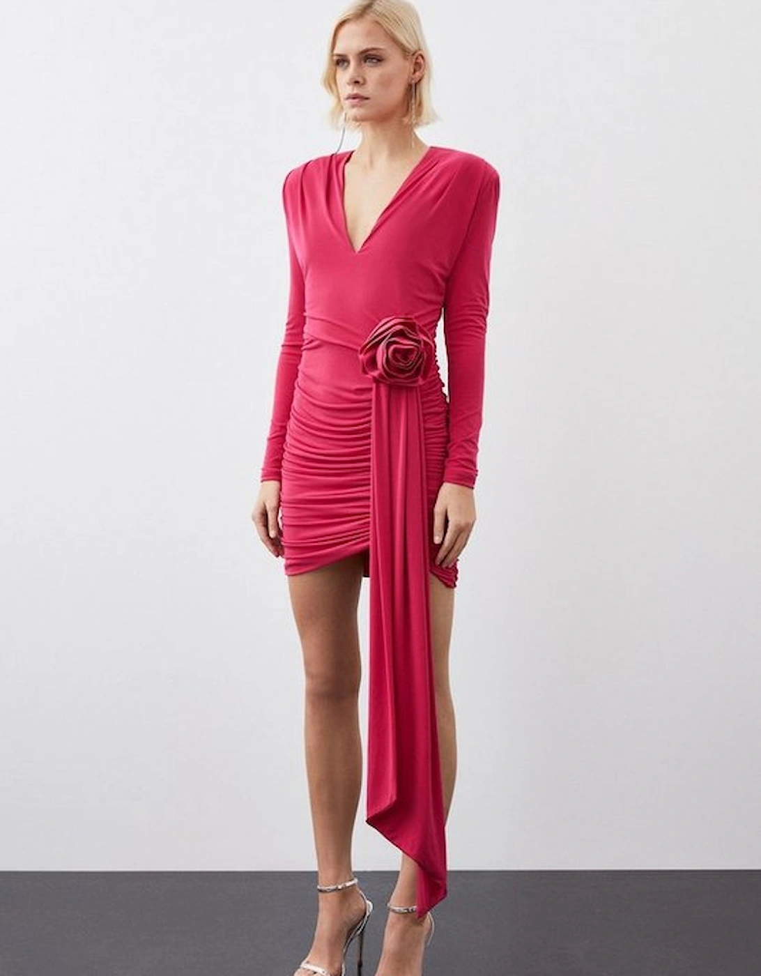 Long Sleeve Drapey Ruched Jersey Rosette Mini Dress, 5 of 4