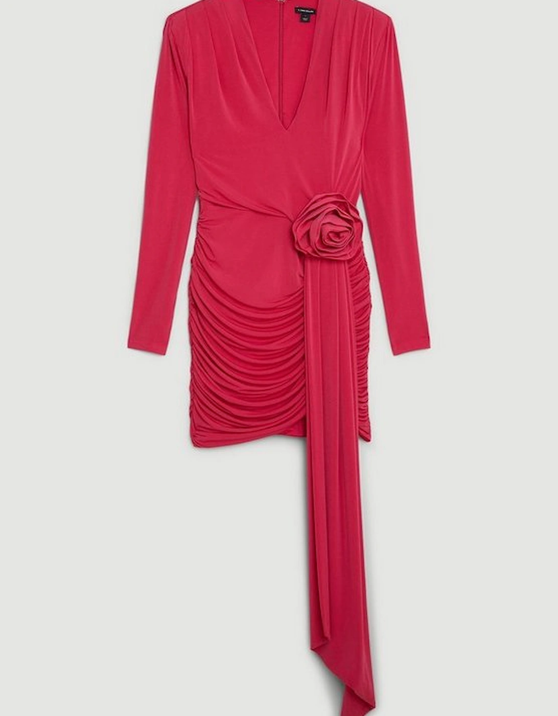 Long Sleeve Drapey Ruched Jersey Rosette Mini Dress