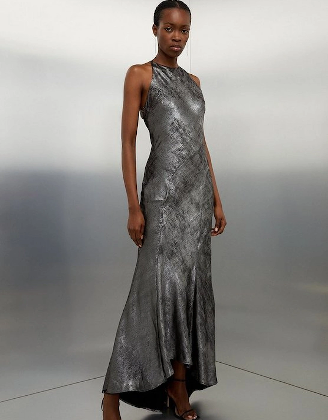 Premium Metallic Diamante Detail Halter Woven Maxi Dress, 5 of 4