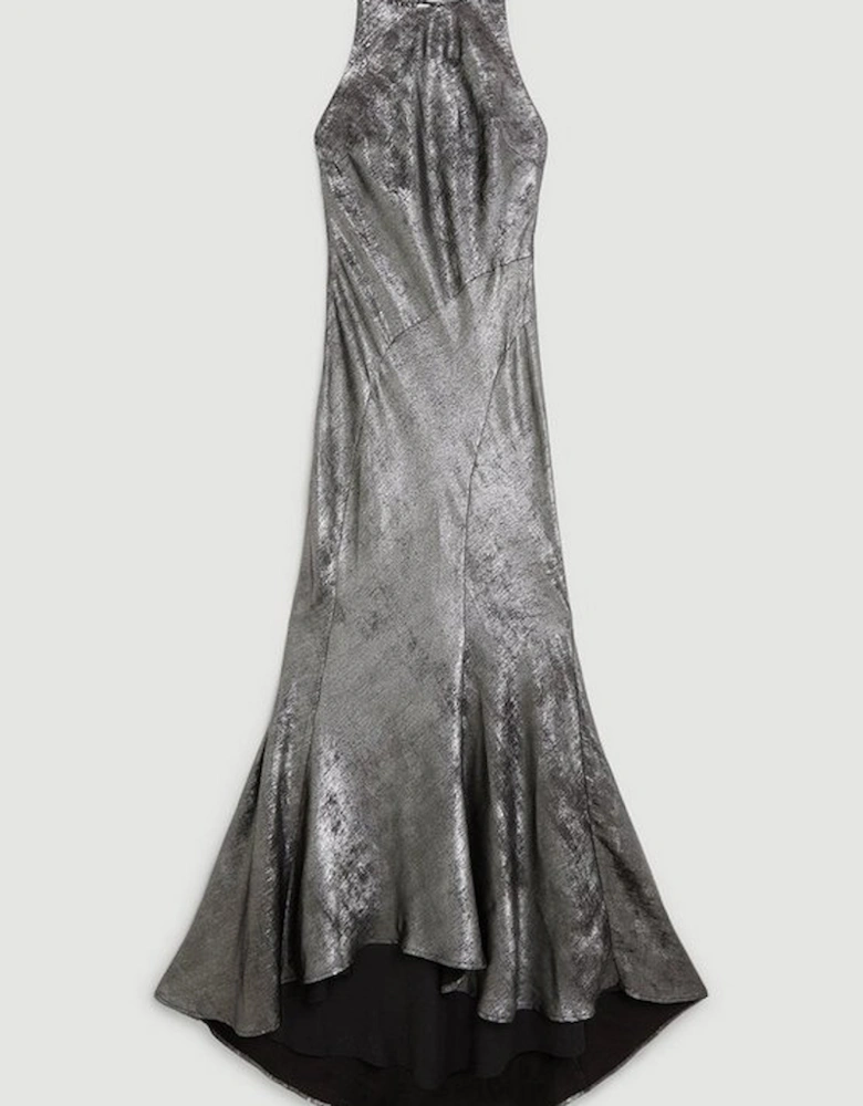Premium Metallic Diamante Detail Halter Woven Maxi Dress