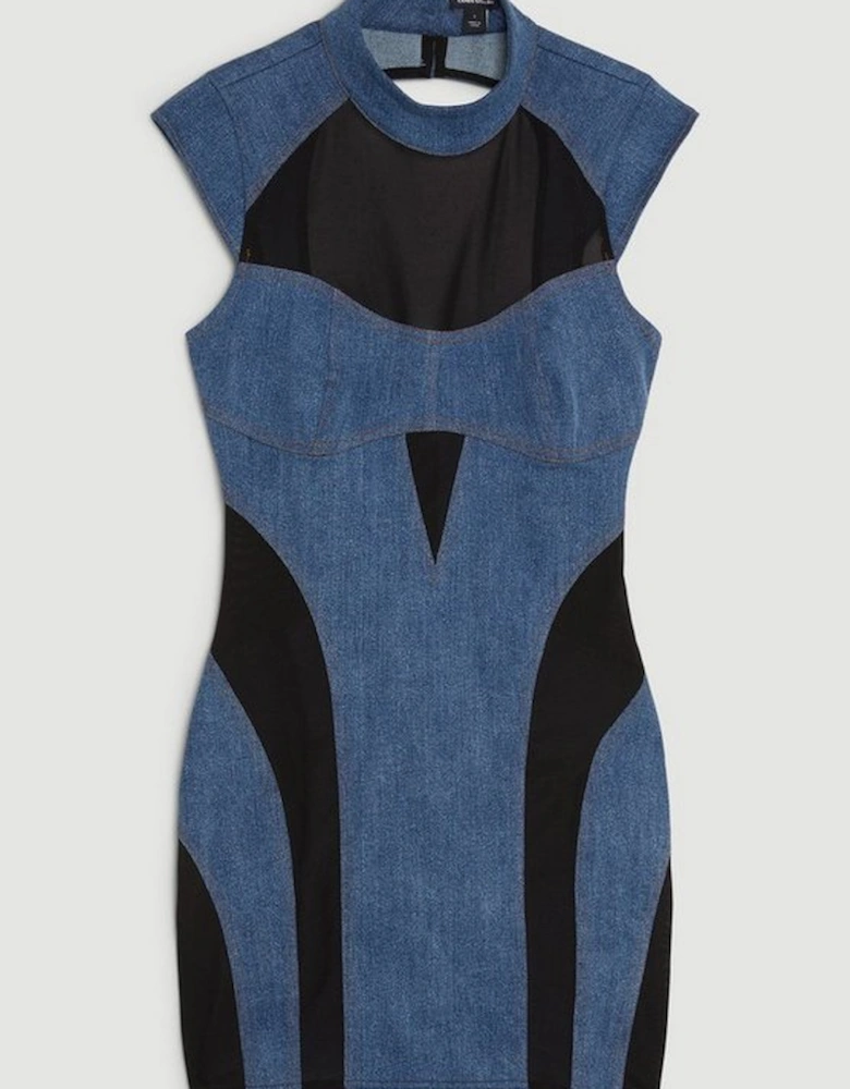 Stretch Denim And Mesh Panelled Mini Dress