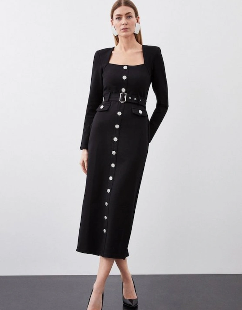 Jersey Ponte Diamante Back Hardwear Long Sleeve Midi Dress