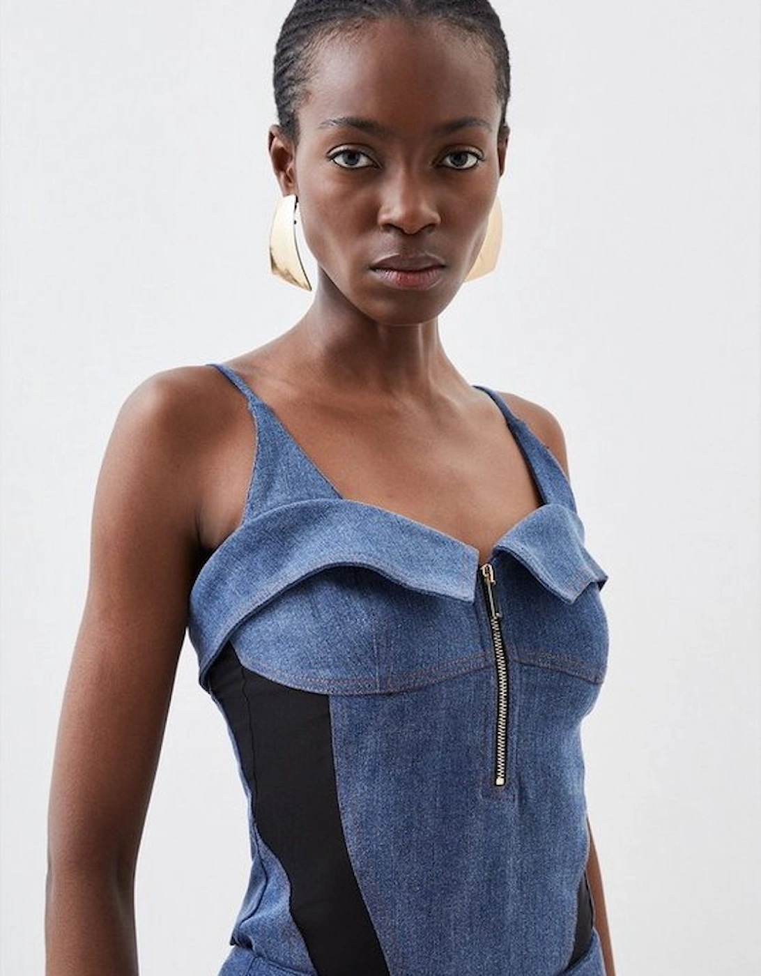 Stretch Denim And Mesh Zip Detail Bodysuit, 5 of 4