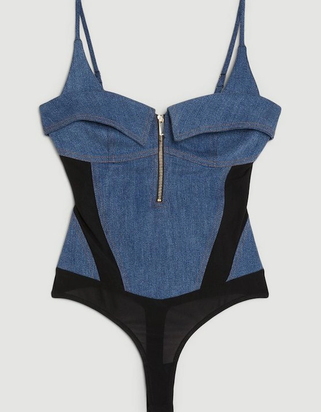 Stretch Denim And Mesh Zip Detail Bodysuit