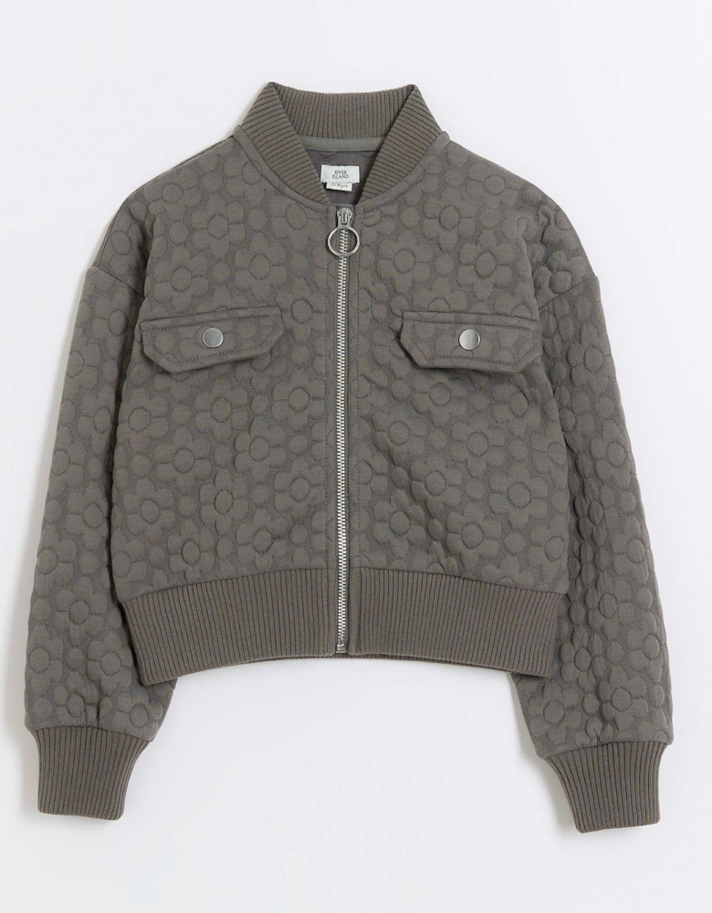 Girls Floral Quilted Bomber Jacket - Grey