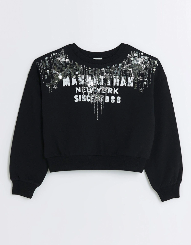Girls Graphic Sequin Crop Sweatshirt - Black