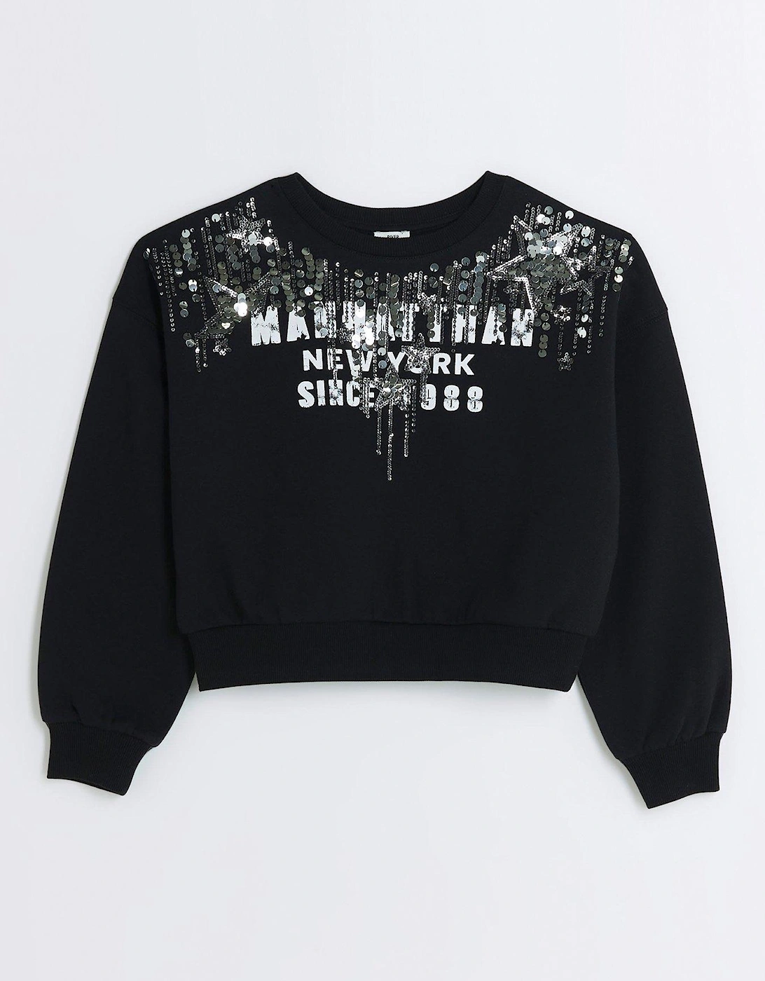 Girls Graphic Sequin Crop Sweatshirt - Black, 3 of 2