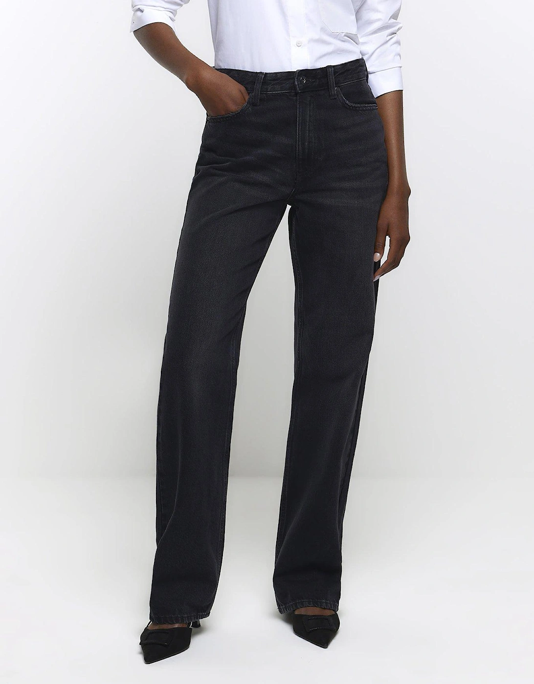 High Waisted Relaxed Straight Leg Jeans - Black, 2 of 1