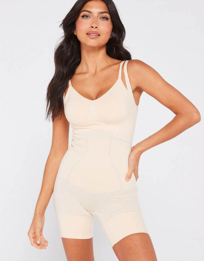 Open Bust Romper With Open Gusset - Beige