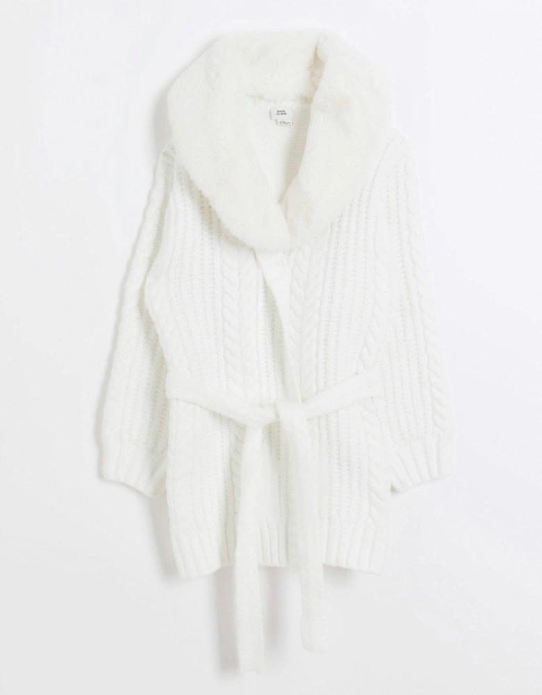 Girls Faux Fur Cable Knit Cardigan - Cream
