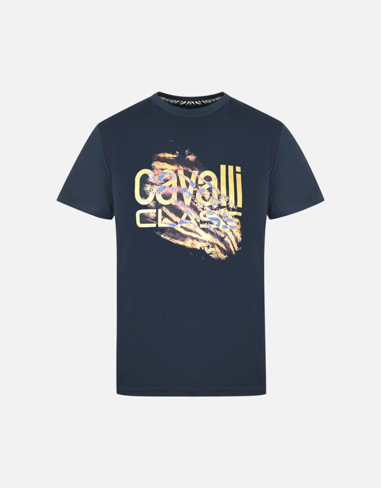 Cavalli Class Slashed Tiger Print Bold Logo Navy T-Shirt