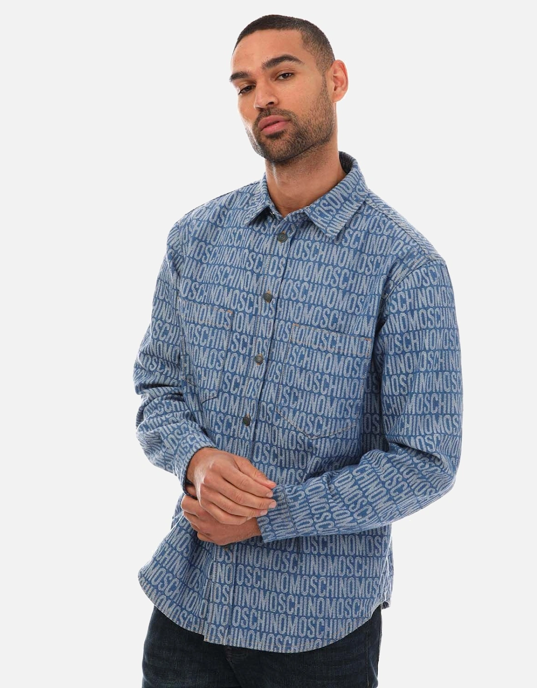 Mens All Over Logo Jacquard Denim Shirt, 5 of 4