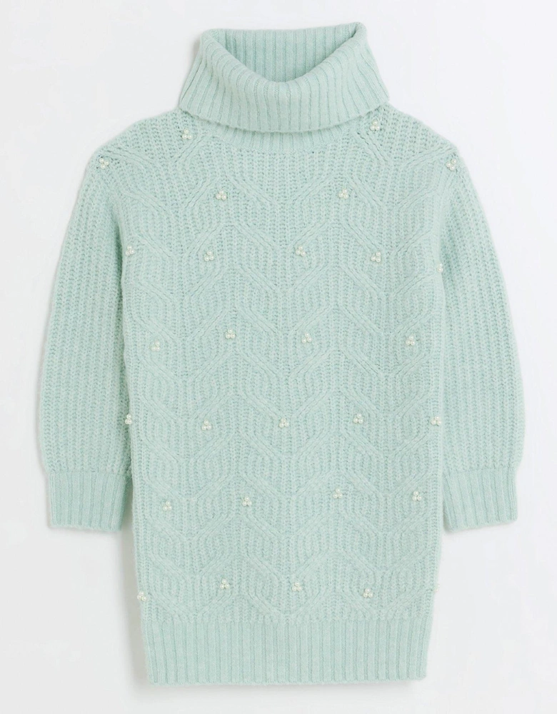 Girls Embellished Cable Knit Dress - Green