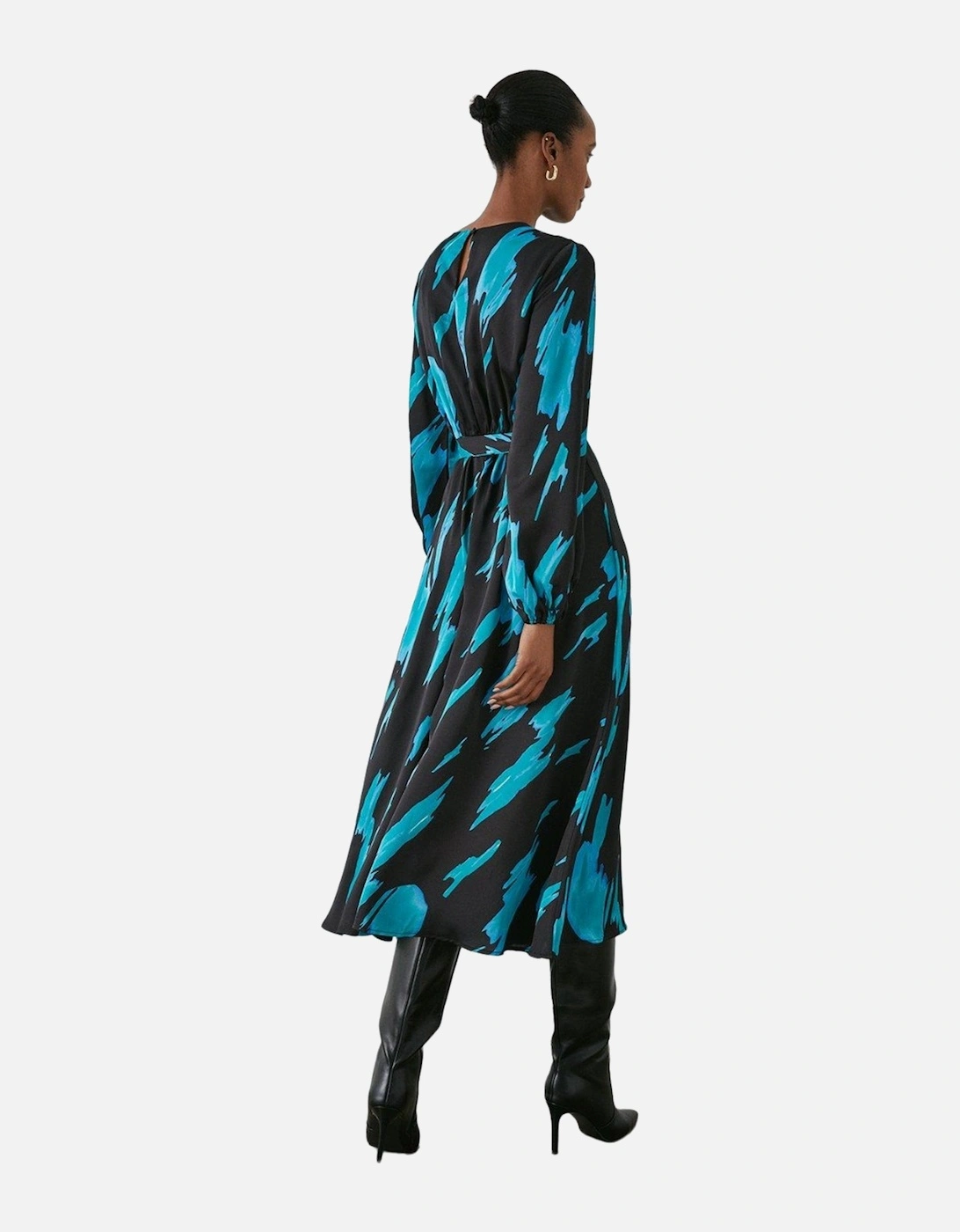 Womens/Ladies Abstract Belt Long-Sleeved Midi Dress