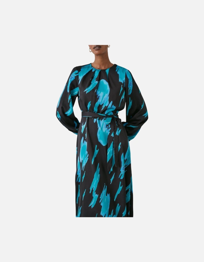 Womens/Ladies Abstract Belt Long-Sleeved Midi Dress