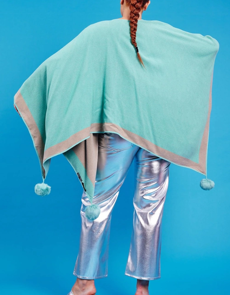 Blue Luxury Reversible Cashmere Blend Pom Pom Wrap