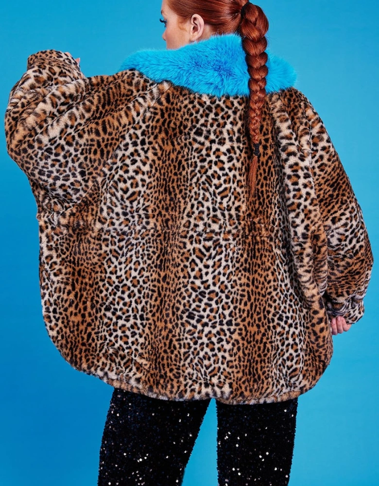 Blue Bat-winged Leopard Print Faux Fur Coat