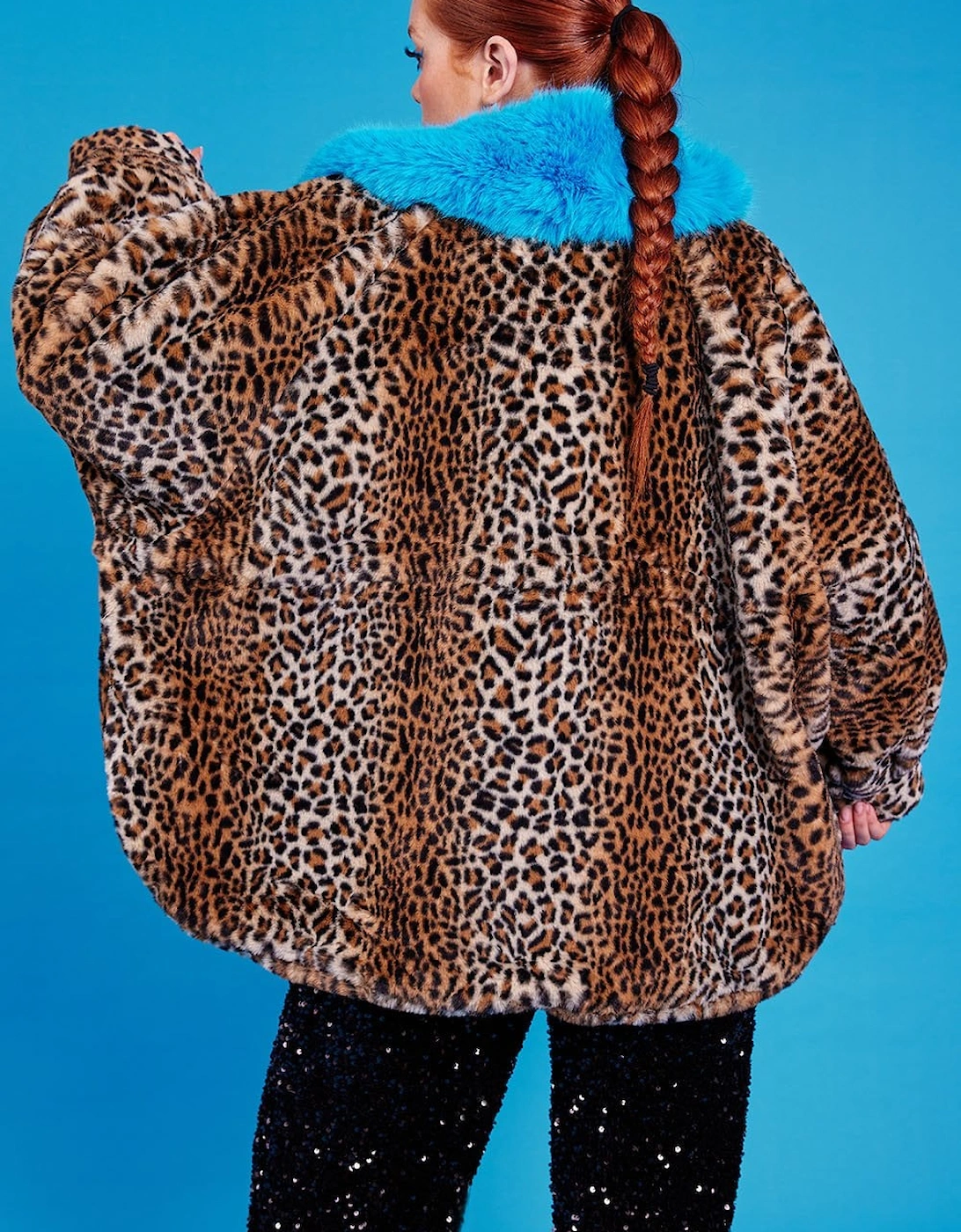 Blue Bat-winged Leopard Print Faux Fur Coat