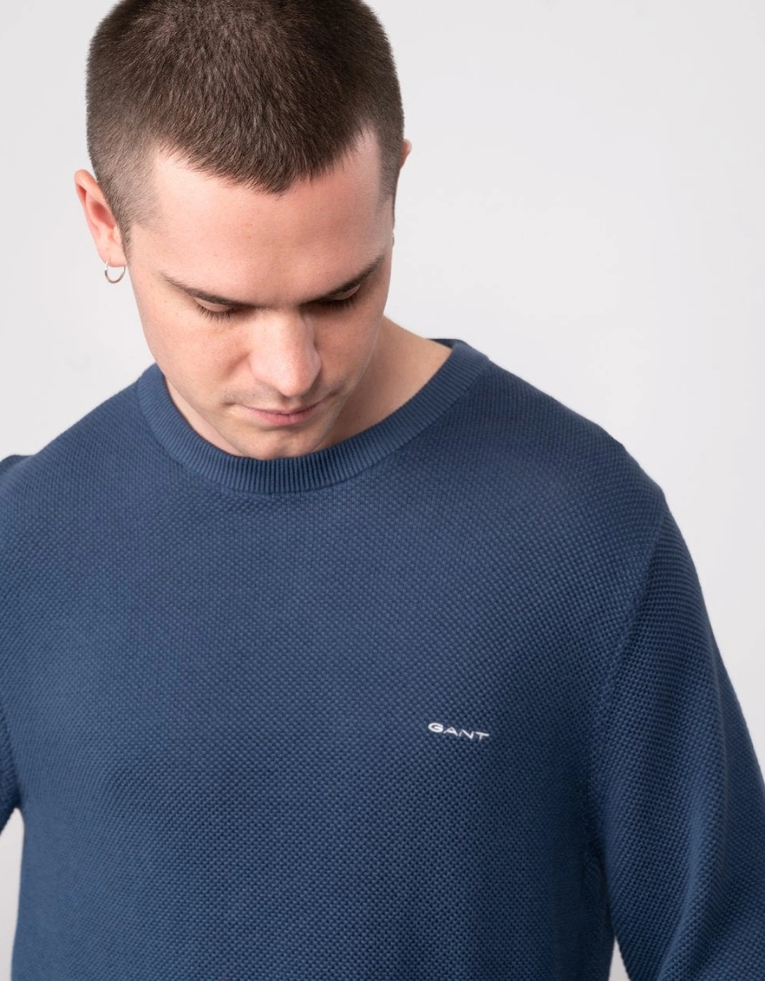 Mens Cotton Pique Crew Neck Jumper