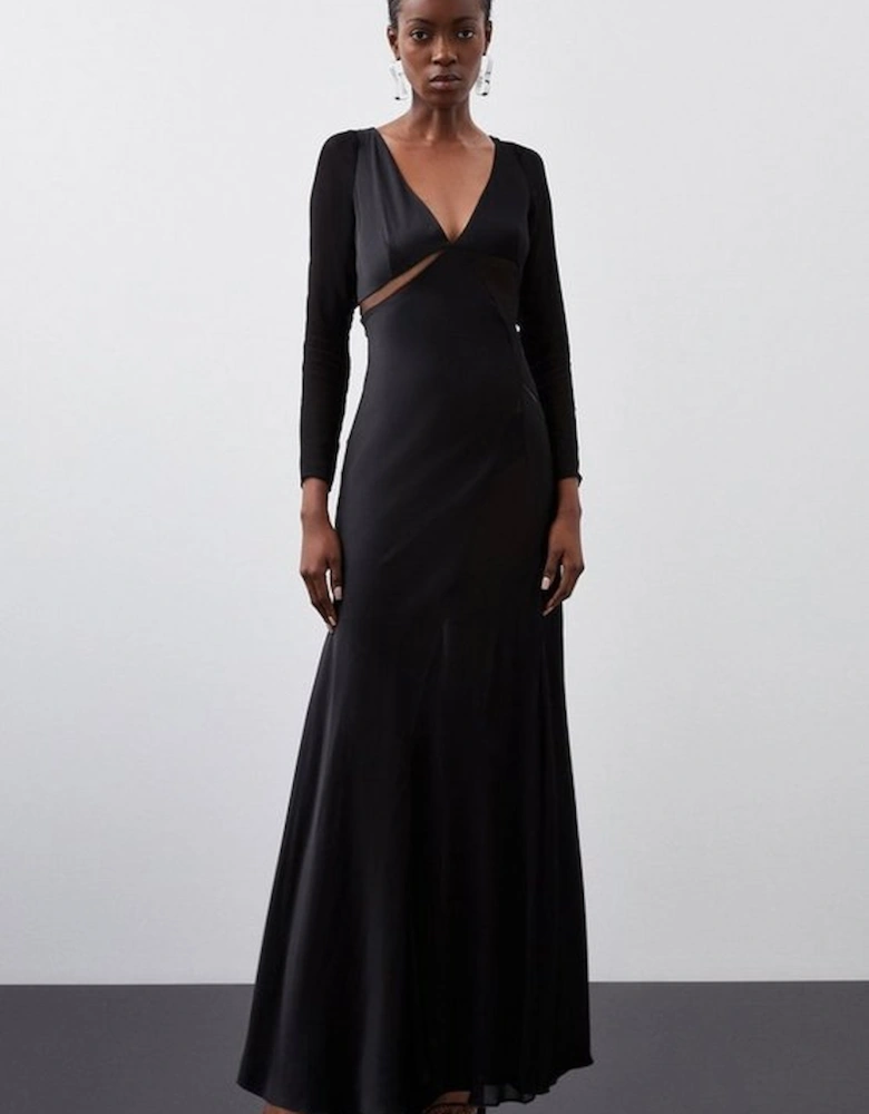 Tall Ooto Sheer Panelled Long Sleeve Woven Maxi Dress