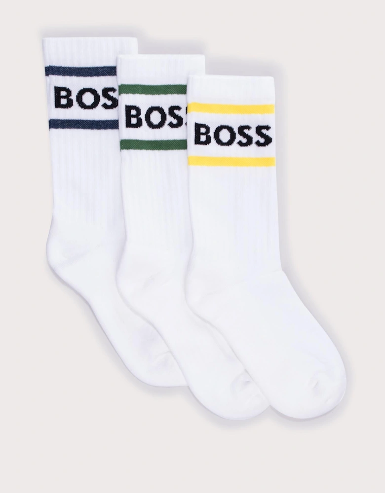Three Pack of Short Rib Stripe Logo Socks