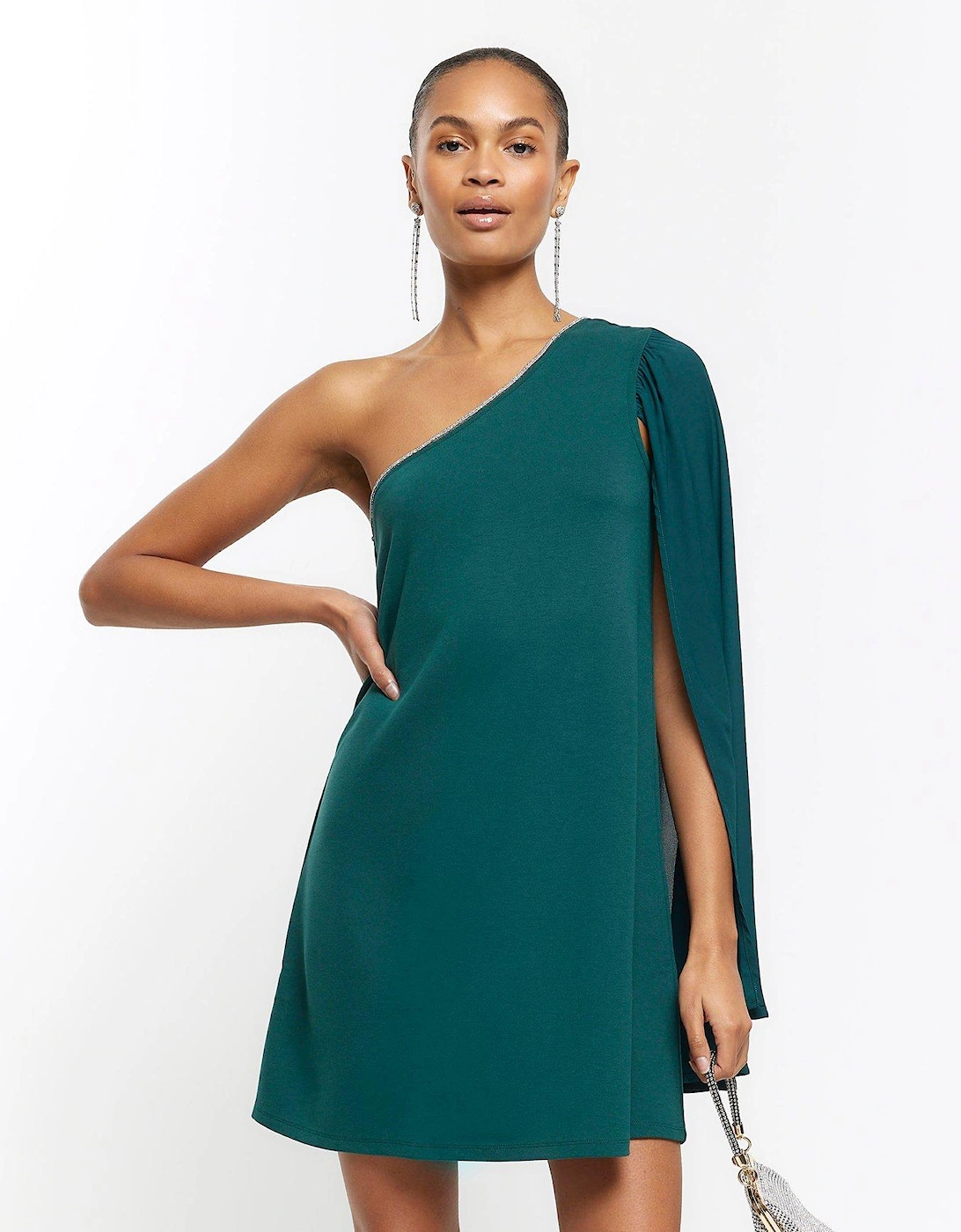Chiffon Jersey Mini Dress - Dark Green, 3 of 2