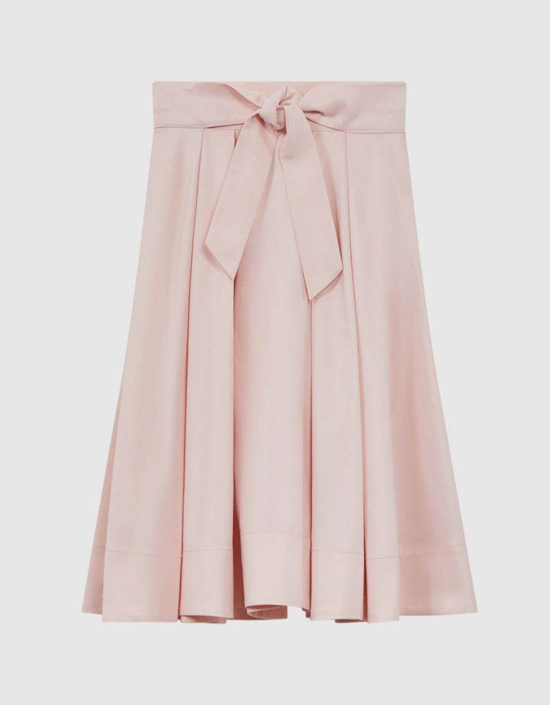 Pleated Belted Taffeta Midi Skirt
