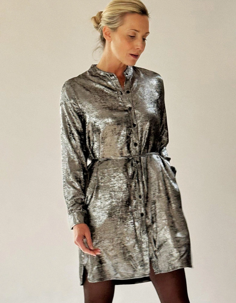 Metallic Long Line Fold Tunic Dress With Skinny Waist Tie - Grey