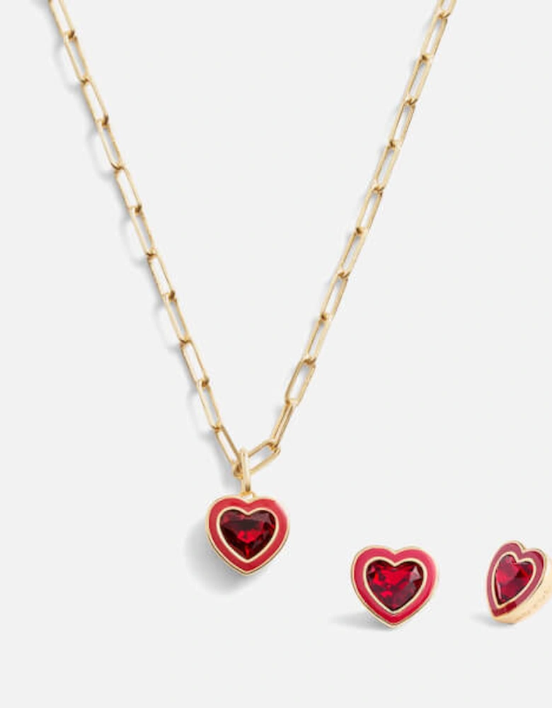 Enamel Heart Gold-Tone Necklace and Earring Boxed Set