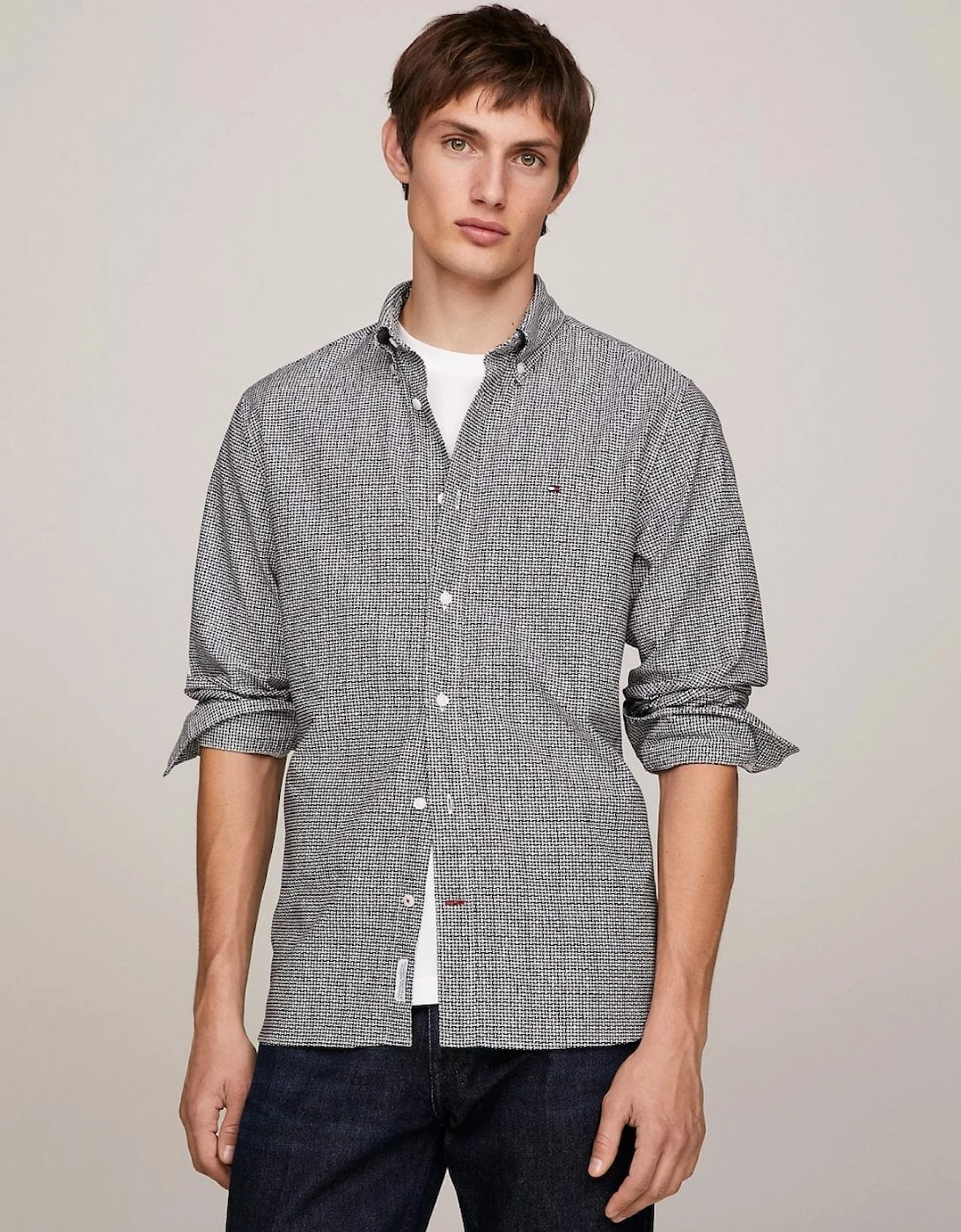 Oxford Basketweave Print Long Sleeve Mens Shirt, 6 of 5