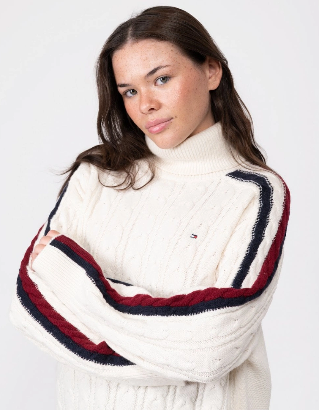Global Stripe Cable Knit Womens Roll-Neck Jumper