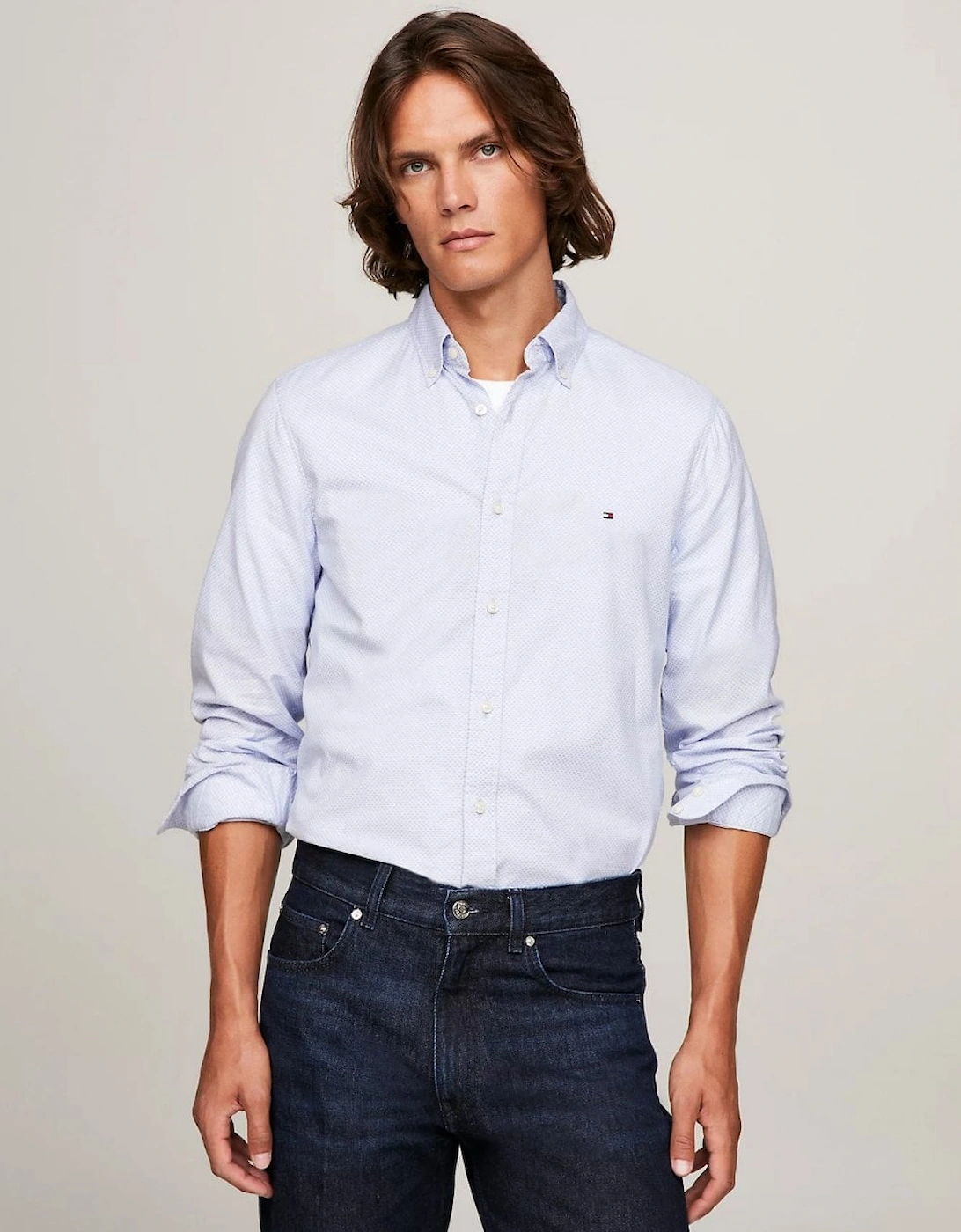 Flex Mini Print Long Sleeve Mens Slim Shirt, 6 of 5