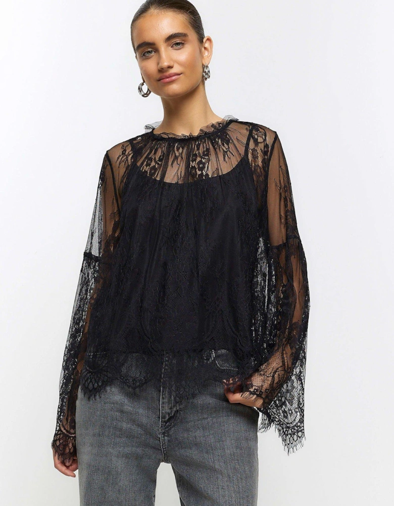 Printed Lace Top - Black