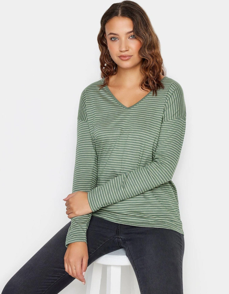 Green Sage Stripe Ls V Neck