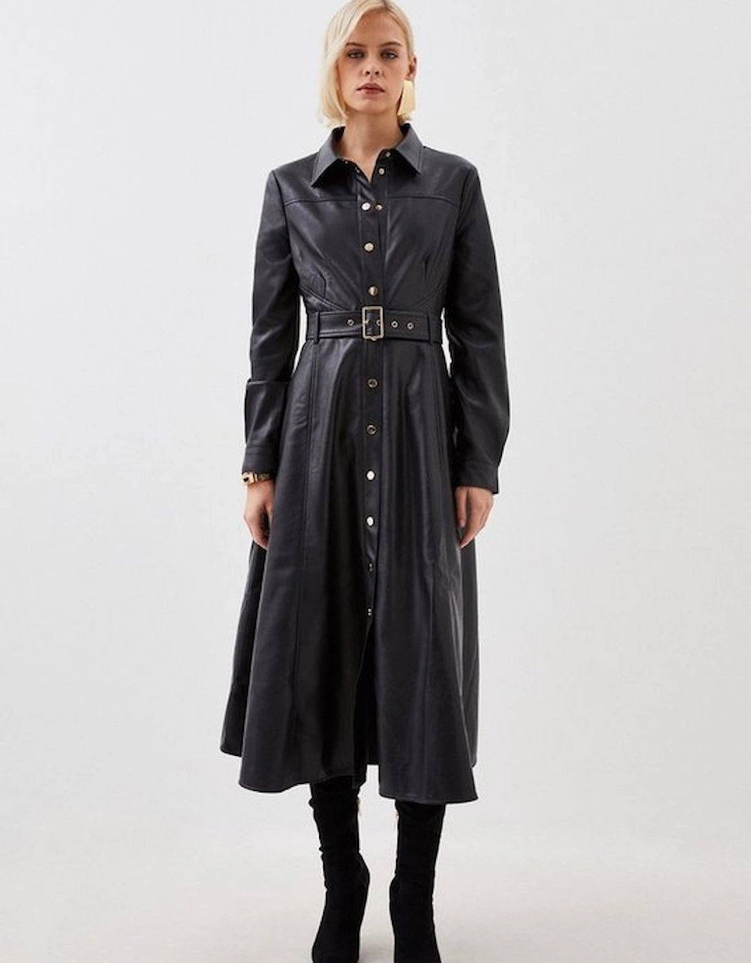 Faux Leather Long Sleeved Belted Midi Shirt Dress, 5 of 4