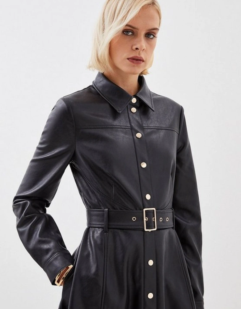 Faux Leather Long Sleeved Belted Midi Shirt Dress