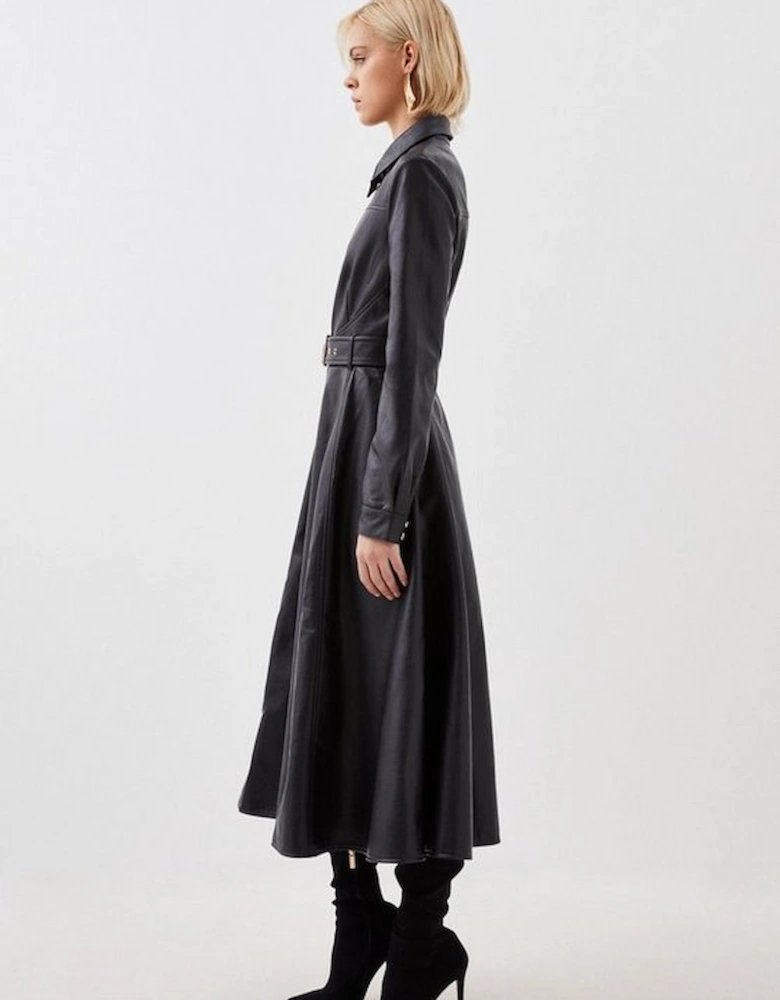 Faux Leather Long Sleeved Belted Midi Shirt Dress